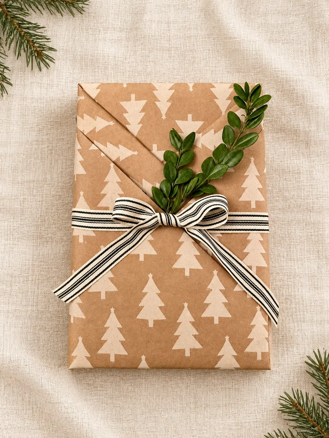 Gift wrapped in kraft paper printed with cream Christmas trees, folded into a pleated pocket and tied with a striped cream ribbon and a sprig of fresh greenery